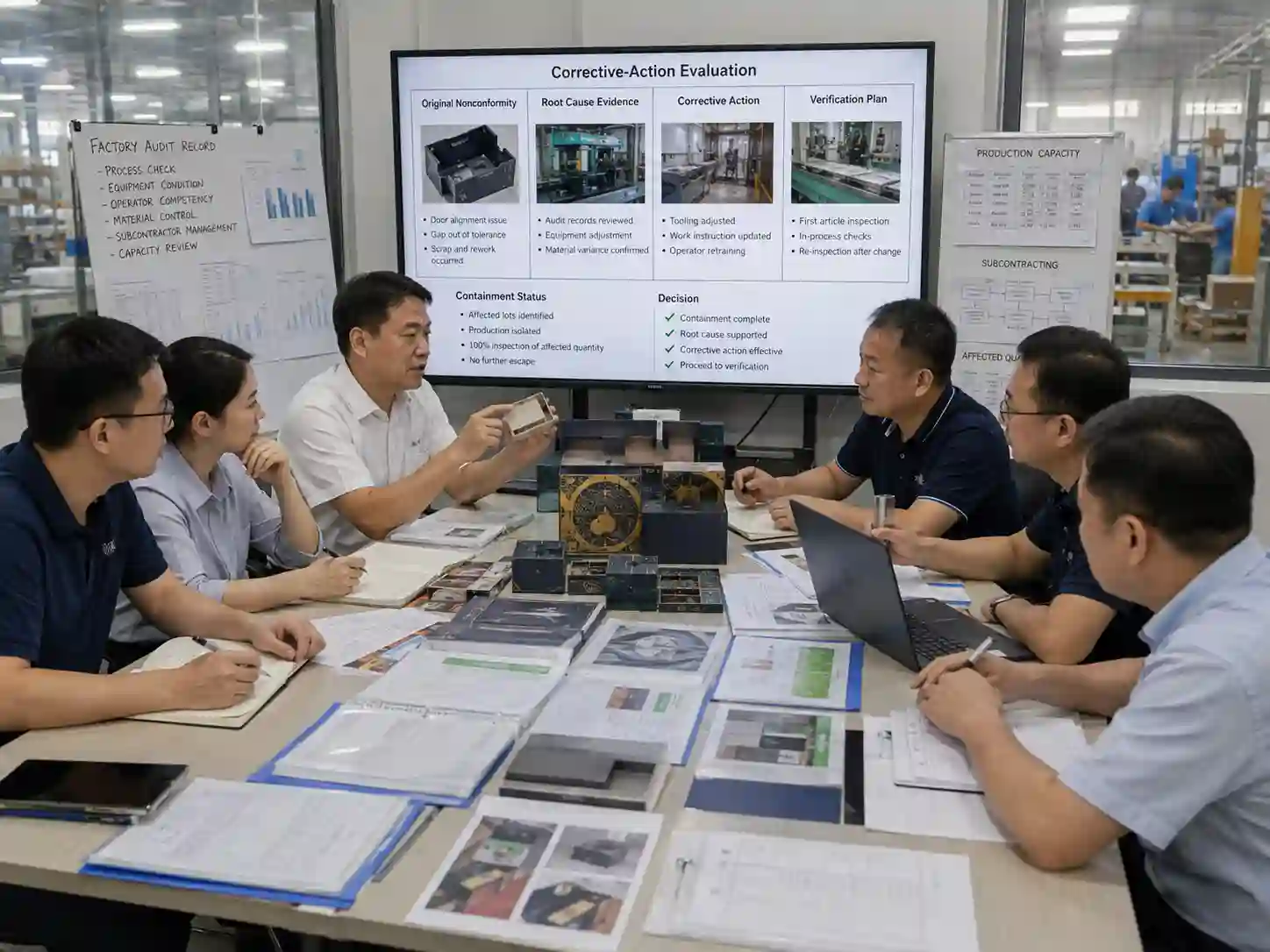 Packaging buyers and quality staff evaluating supplier corrective-action evidence for advent calendar production.