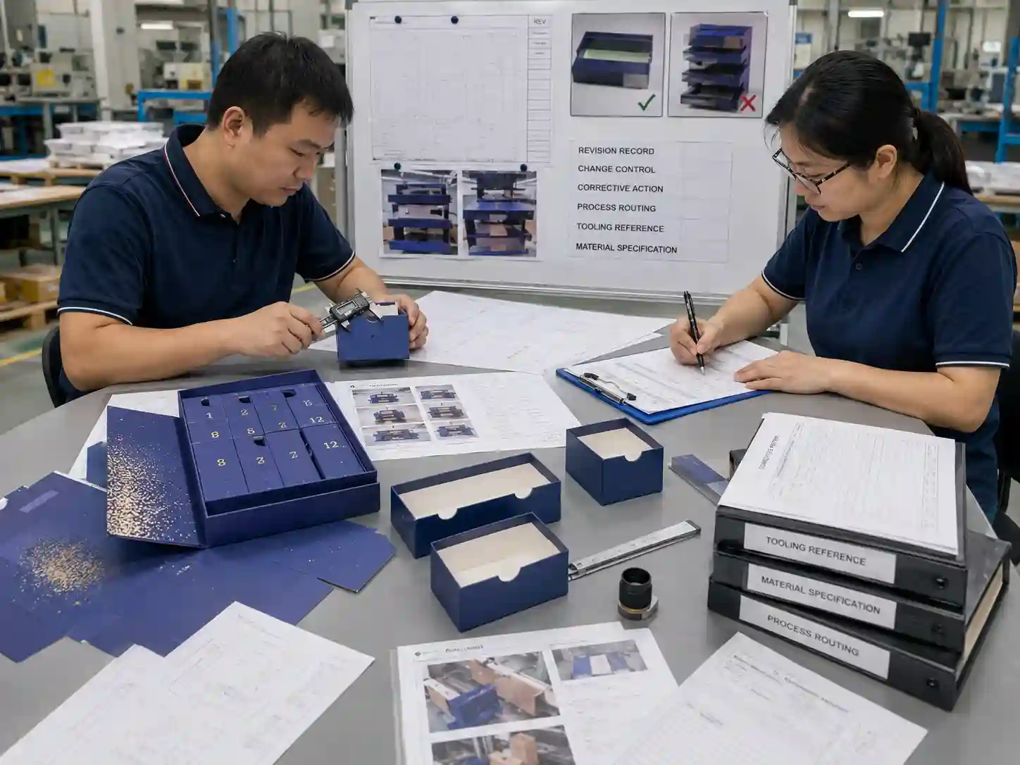 Packaging engineers verifying the root cause and corrective action for an advent calendar production defect.