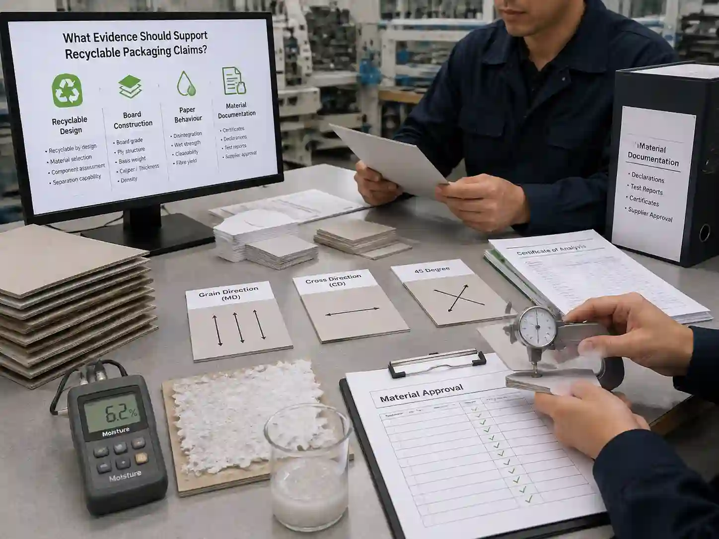 Packaging engineers reviewing recyclable packaging claim evidence with paperboard samples, material records, and approval documents.