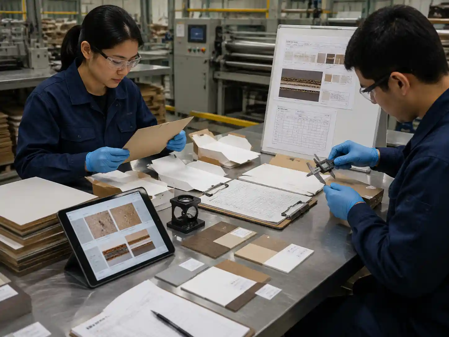 Technicians testing packaging materials and validating recyclable packaging evidence through samples and measurements.