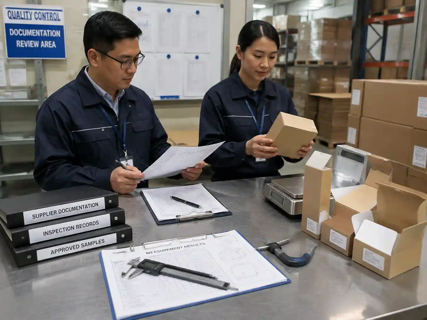 QC team verifying recyclable packaging claim evidence through supplier records, inspections, and approved samples.