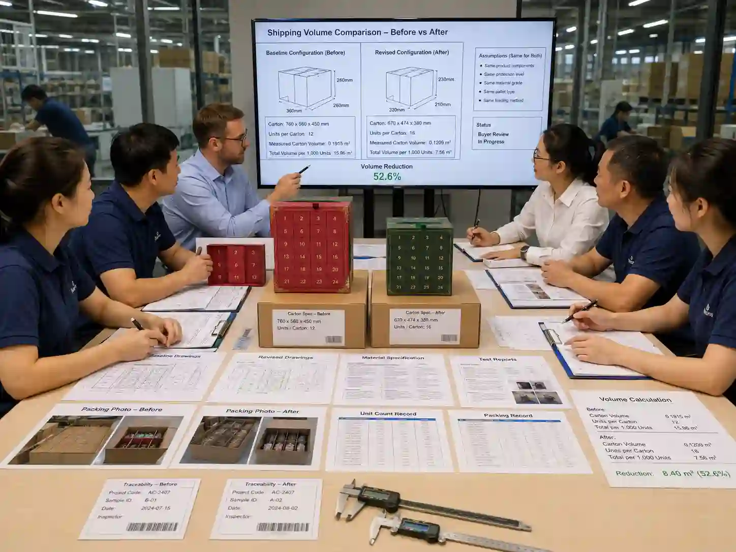 Buyers reviewing shipping volume reduction evidence for an advent calendar packaging project