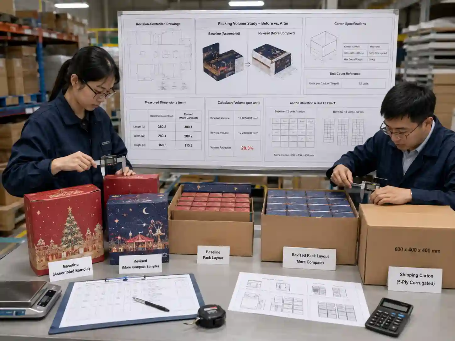 Packaging engineers measuring and comparing advent calendar shipping configurations