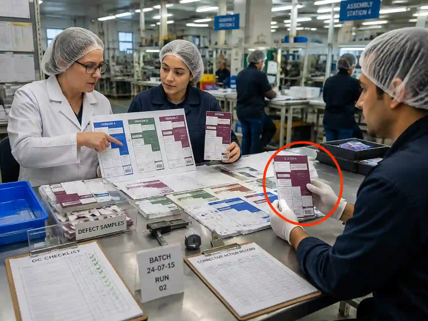 Quality control team checking multiple artwork versions to prevent mixed packaging components during production.