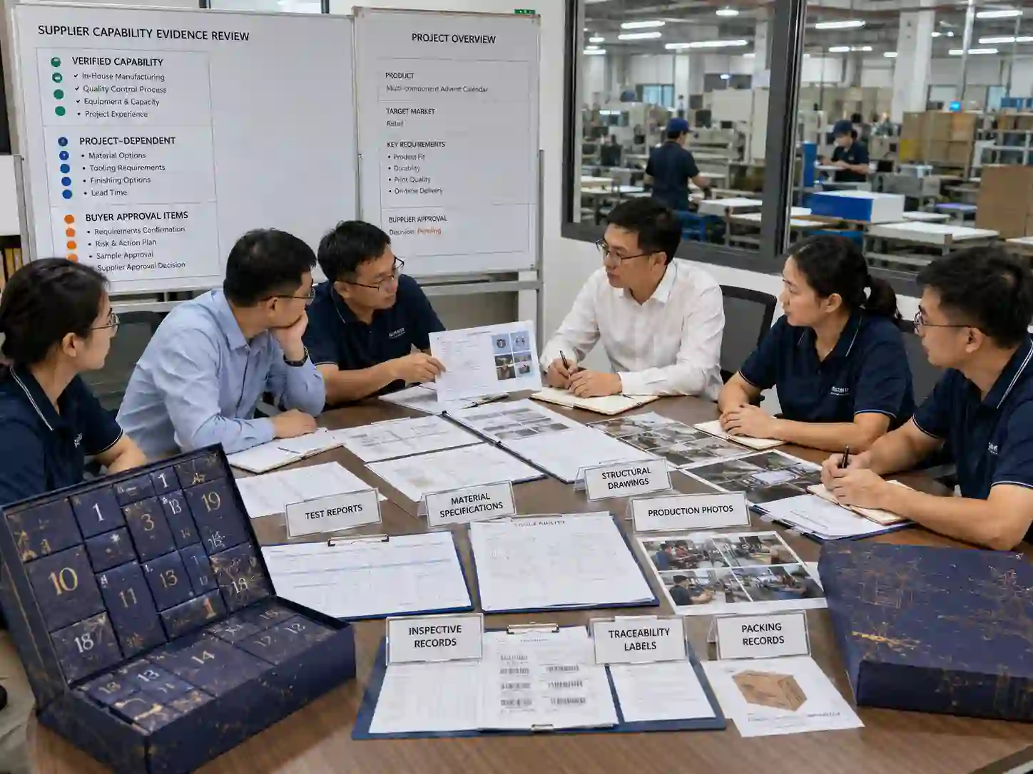 Buyers reviewing advent calendar factory capability evidence including specifications, test records, production photos and traceability documents.