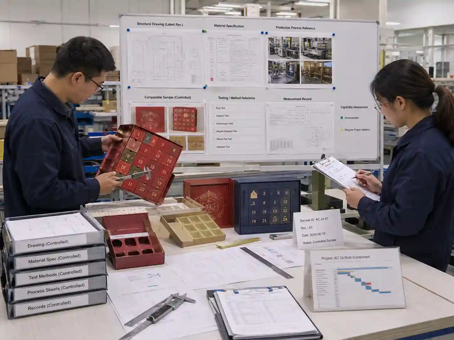 Packaging engineers verifying advent calendar factory capability using controlled drawings, material specifications, samples and measurement records.