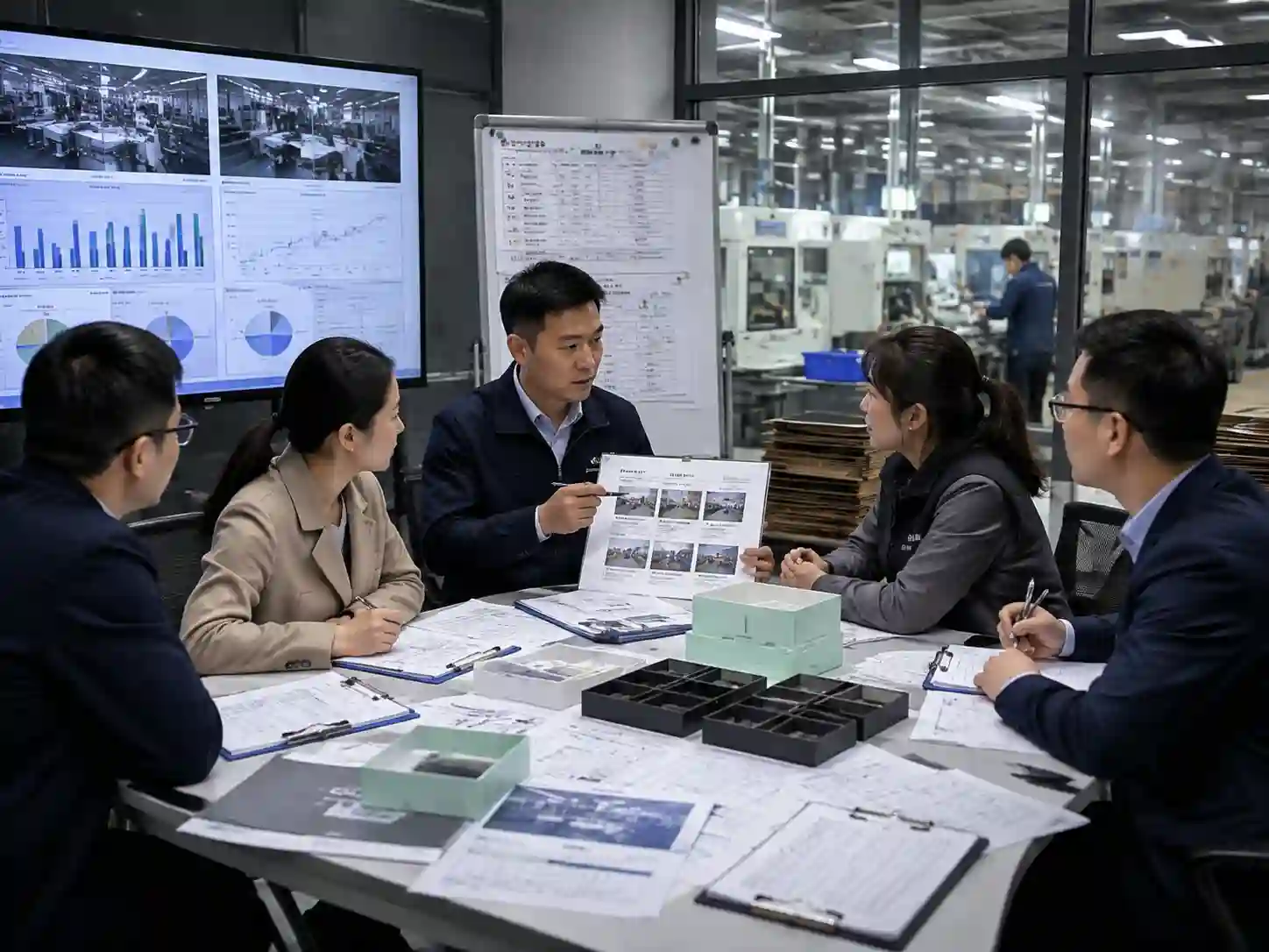 Factory representatives reviewing packaging experience records, production documents, and supplier verification evidence.