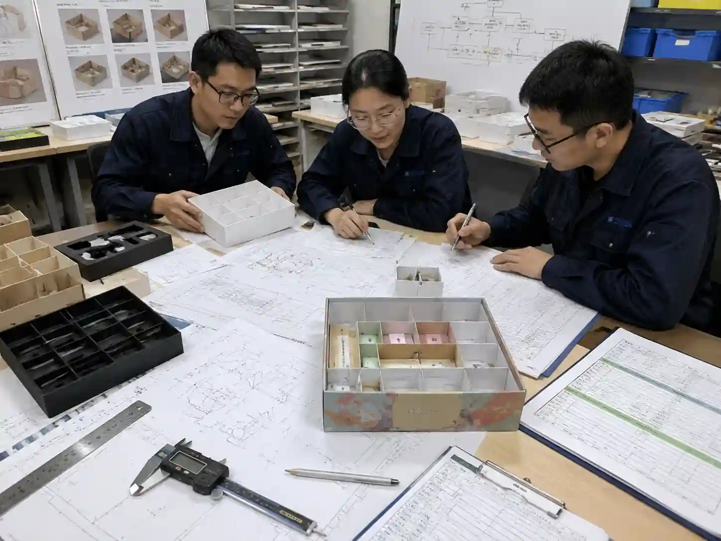Packaging engineers verifying multi-component packaging capability through drawings, samples, and production records.
