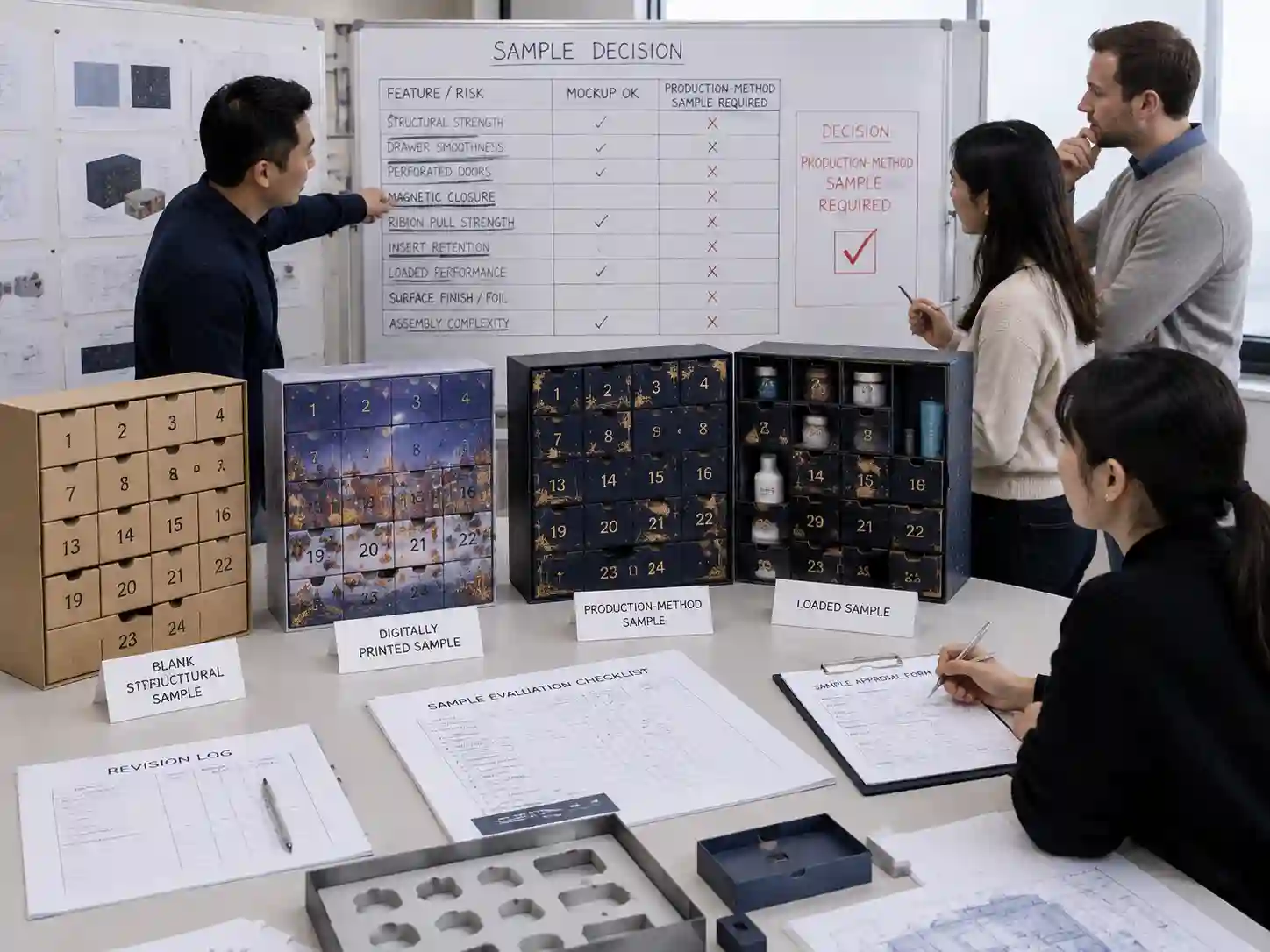 Packaging teams reviewing production method packaging samples and approval records before final sign-off.