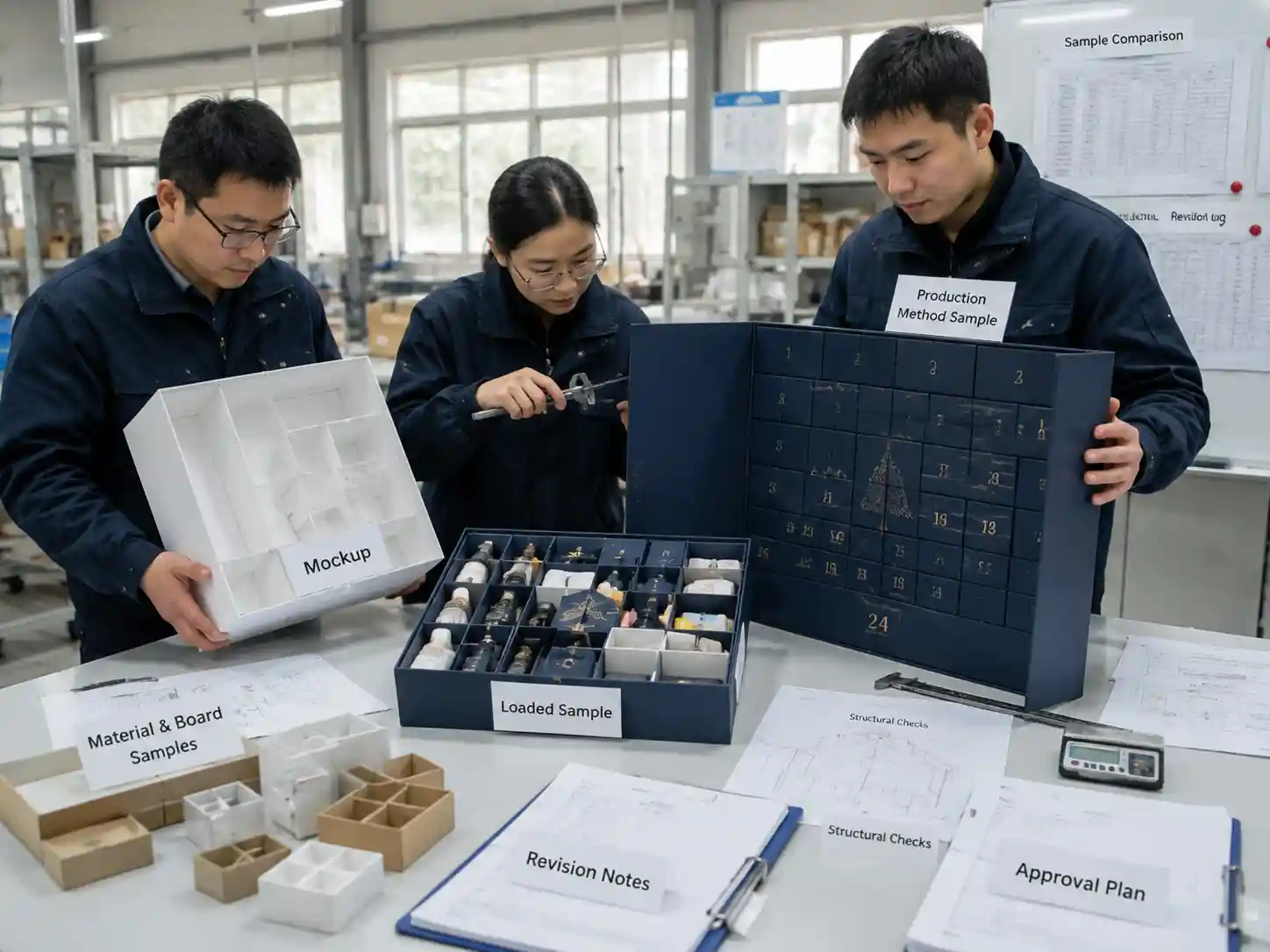 Packaging engineers testing structural and functional features using production method samples.