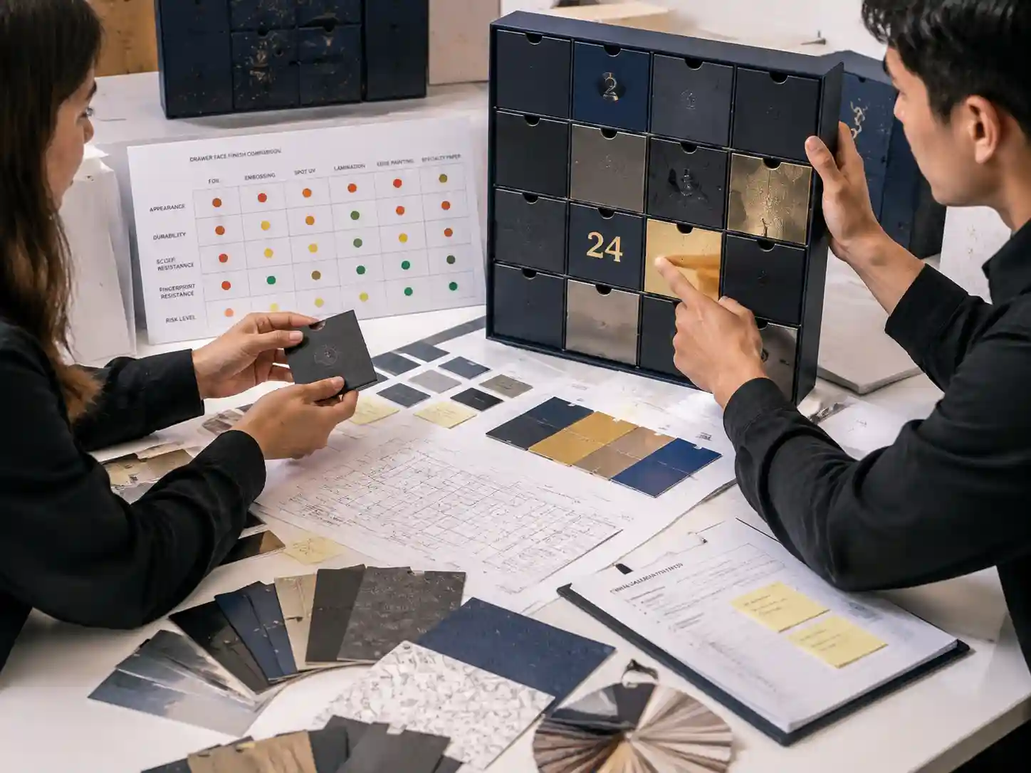Packaging designers reviewing foil embossing and coating options for highly handled advent calendar drawer faces