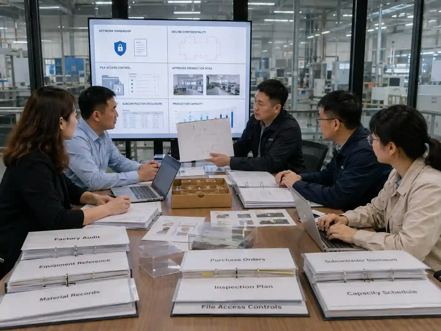 Packaging buyers reviewing artwork ownership, dieline confidentiality and supplier file-access controls before production.