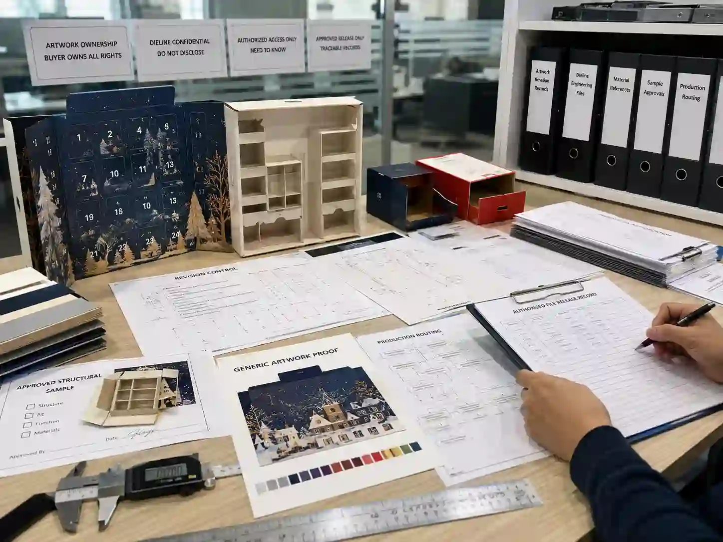 Packaging engineers controlling confidential artwork and approved advent calendar dieline revisions before production.