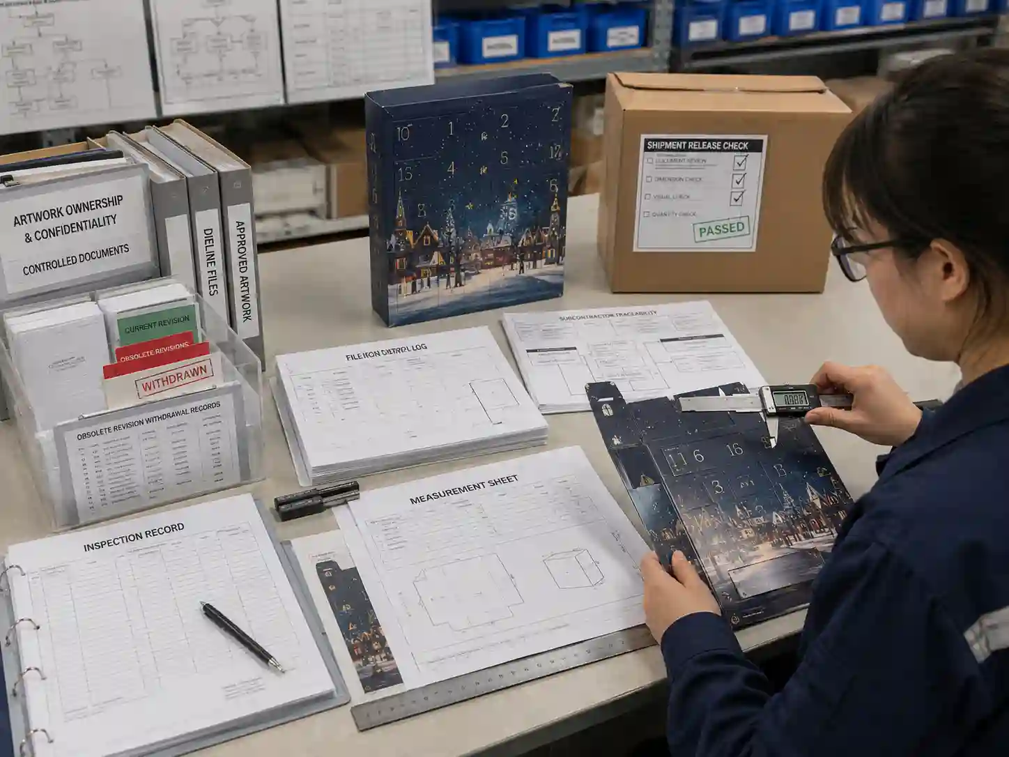 Quality staff verifying packaging against confidential approved dielines, revision records and production documents.