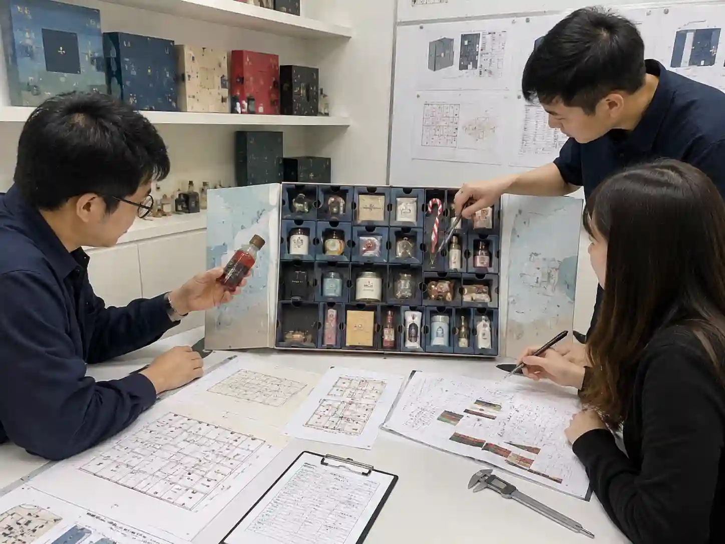 Packaging specialists reviewing a liquid and dry goods gift calendar prototype with mixed product compartments.
