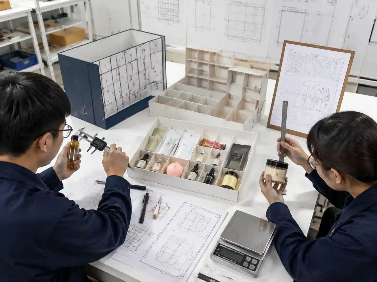 Packaging engineers testing insert design and compartment fit for mixed liquid and dry goods gift calendars.