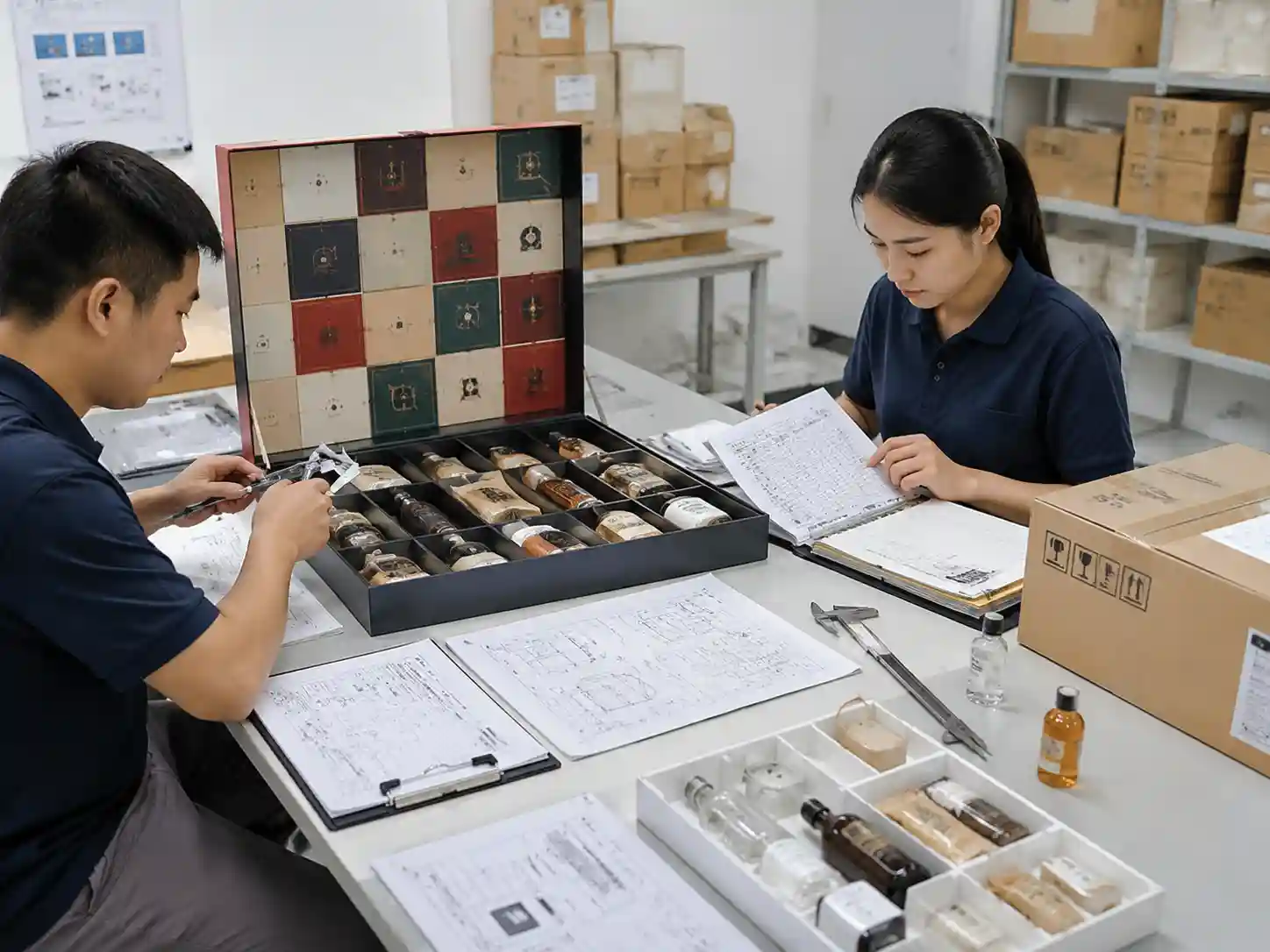 Quality inspectors verifying measurements and packaging records for a mixed liquid and dry goods gift calendar.