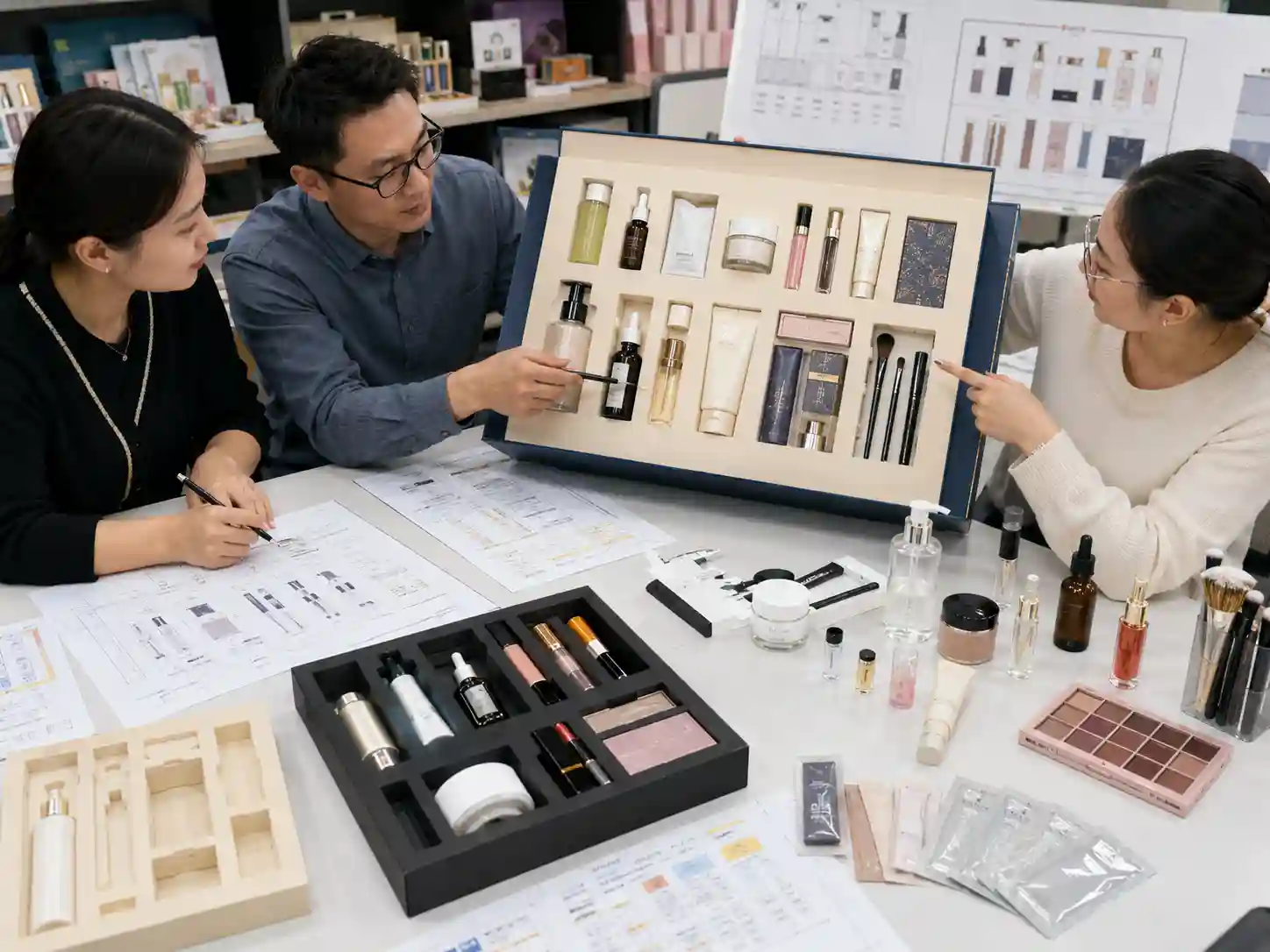 Packaging specialists reviewing mixed glass, plastic, and flexible beauty products for advent calendar cavity fit and protection.