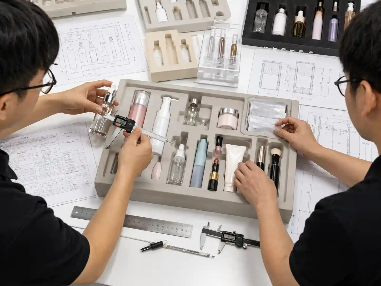 Packaging engineers measuring mixed beauty products and testing glass, plastic, and flexible SKU fit in a prototype insert.