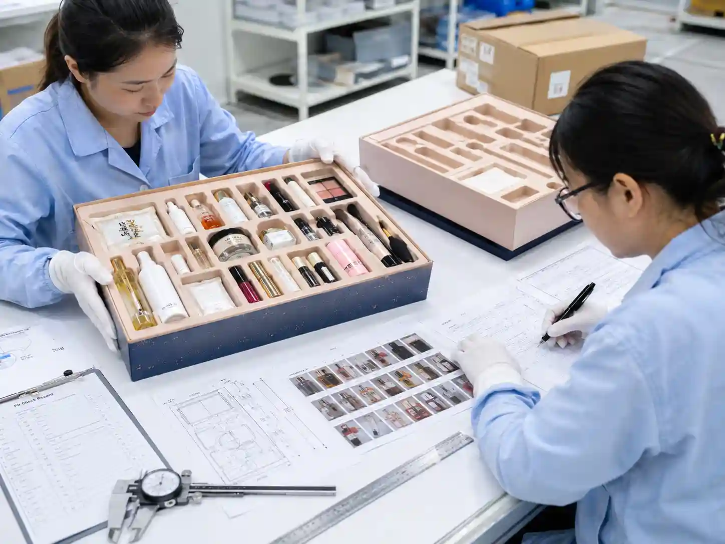 QC staff verifying mixed glass, plastic, and flexible beauty packaging fit, orientation, closures, scuffing, and leakage risks.