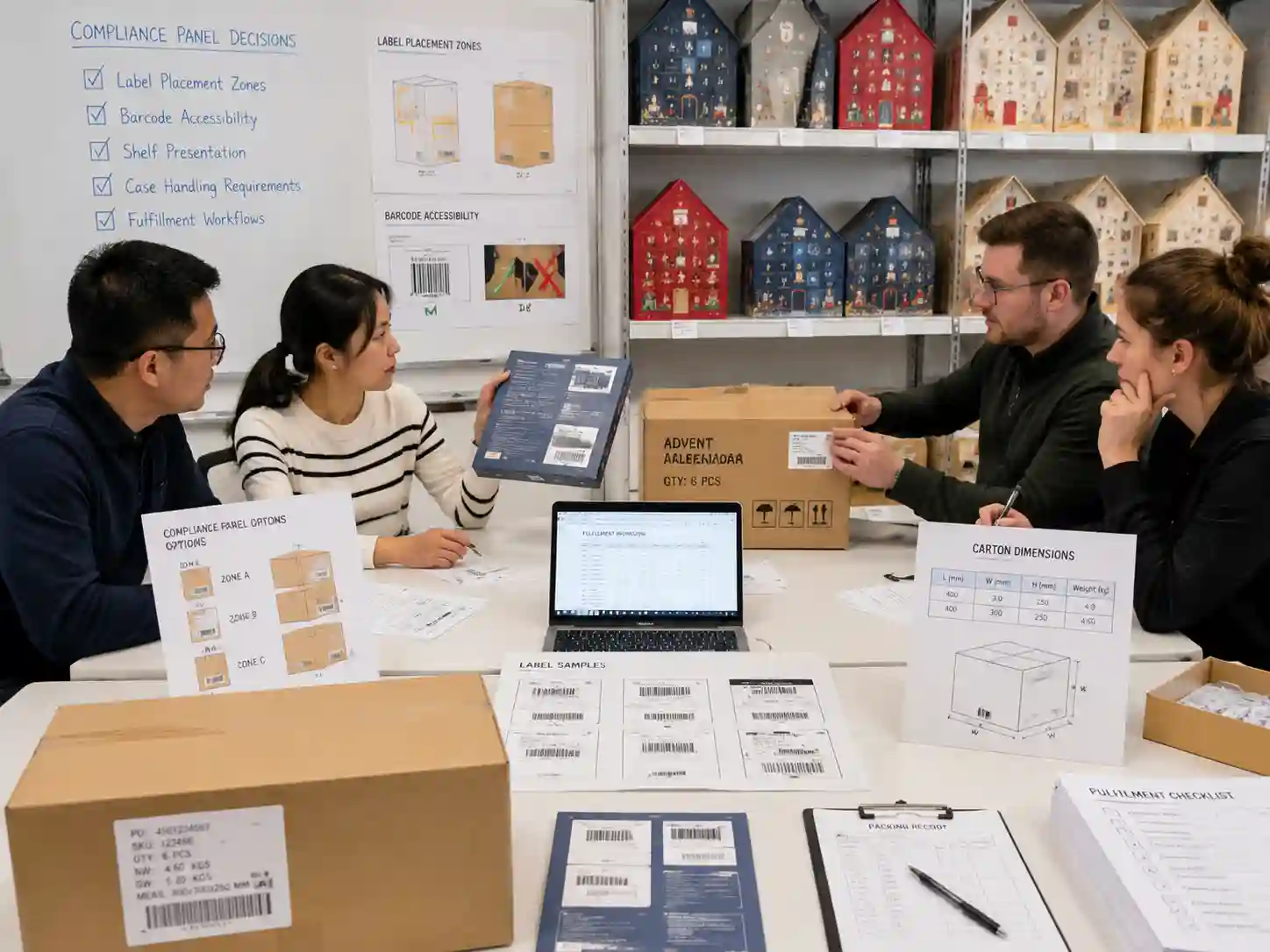 Packaging specialists reviewing retailer-specific label placement and compliance panel requirements for advent calendar boxes