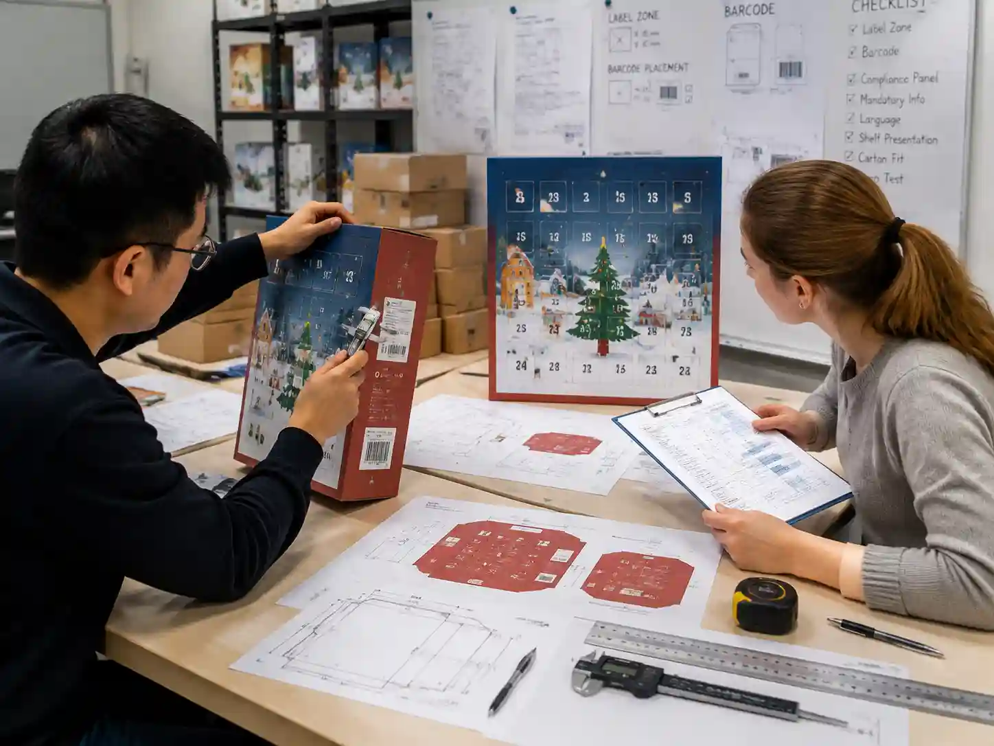 Packaging engineers validating retailer label panel placement using advent calendar samples and measurement records
