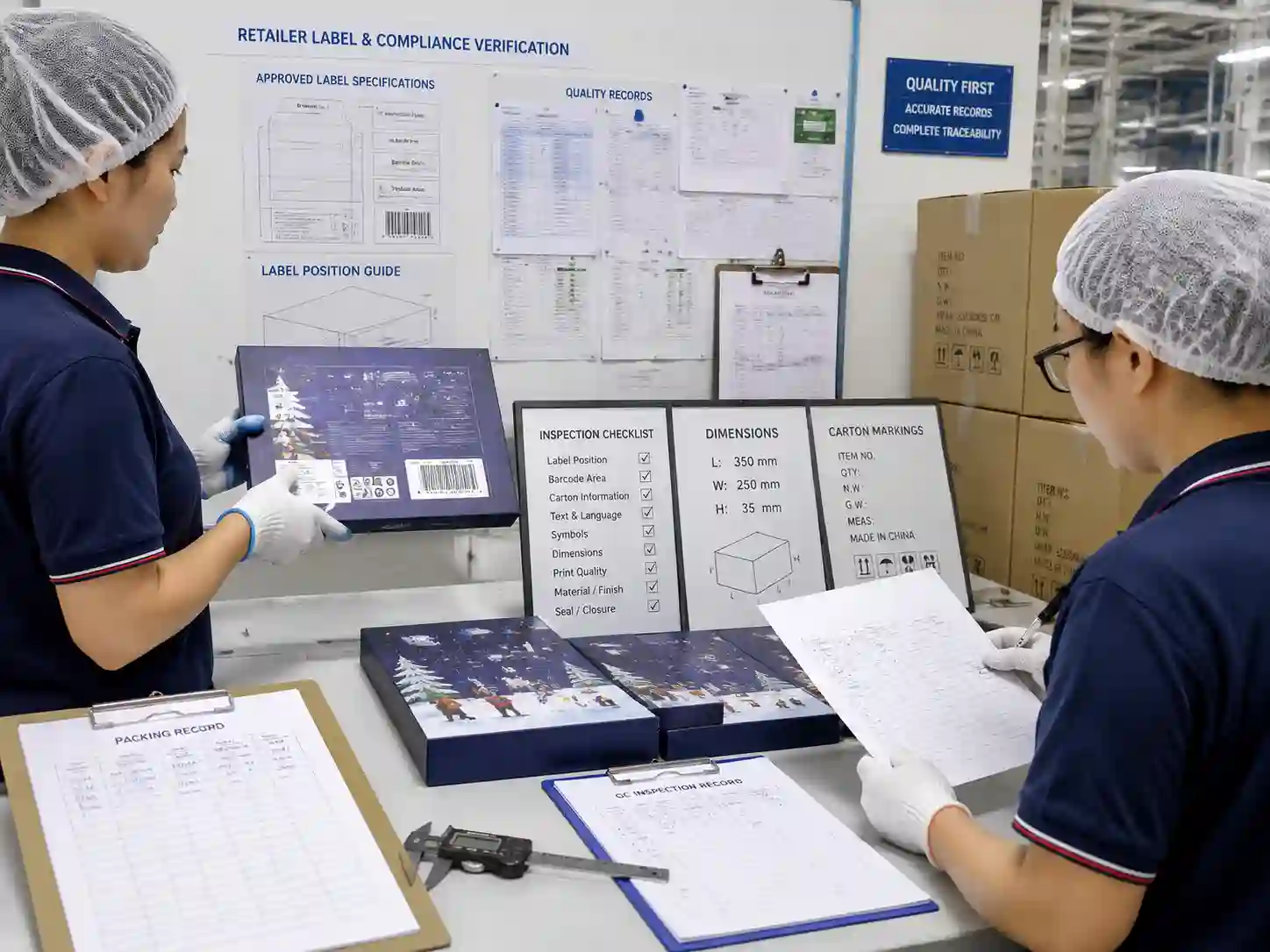 Quality inspectors verifying retailer compliance label panels on finished advent calendar packaging