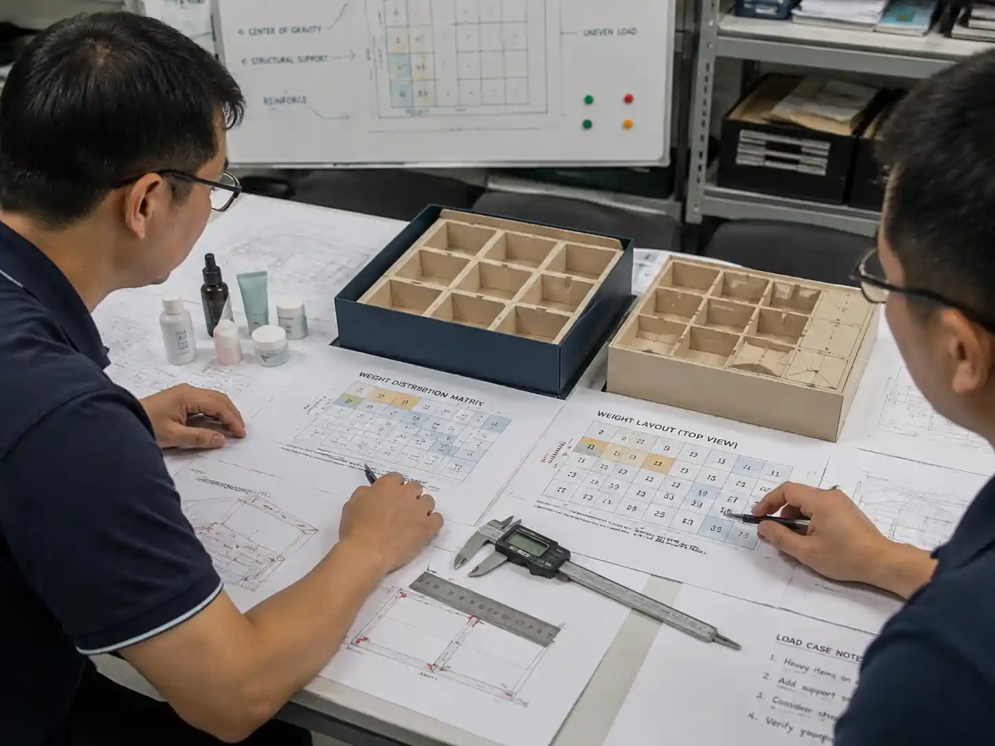 Packaging engineers reviewing uneven advent calendar weight distribution with product measurements and cavity layout drawings