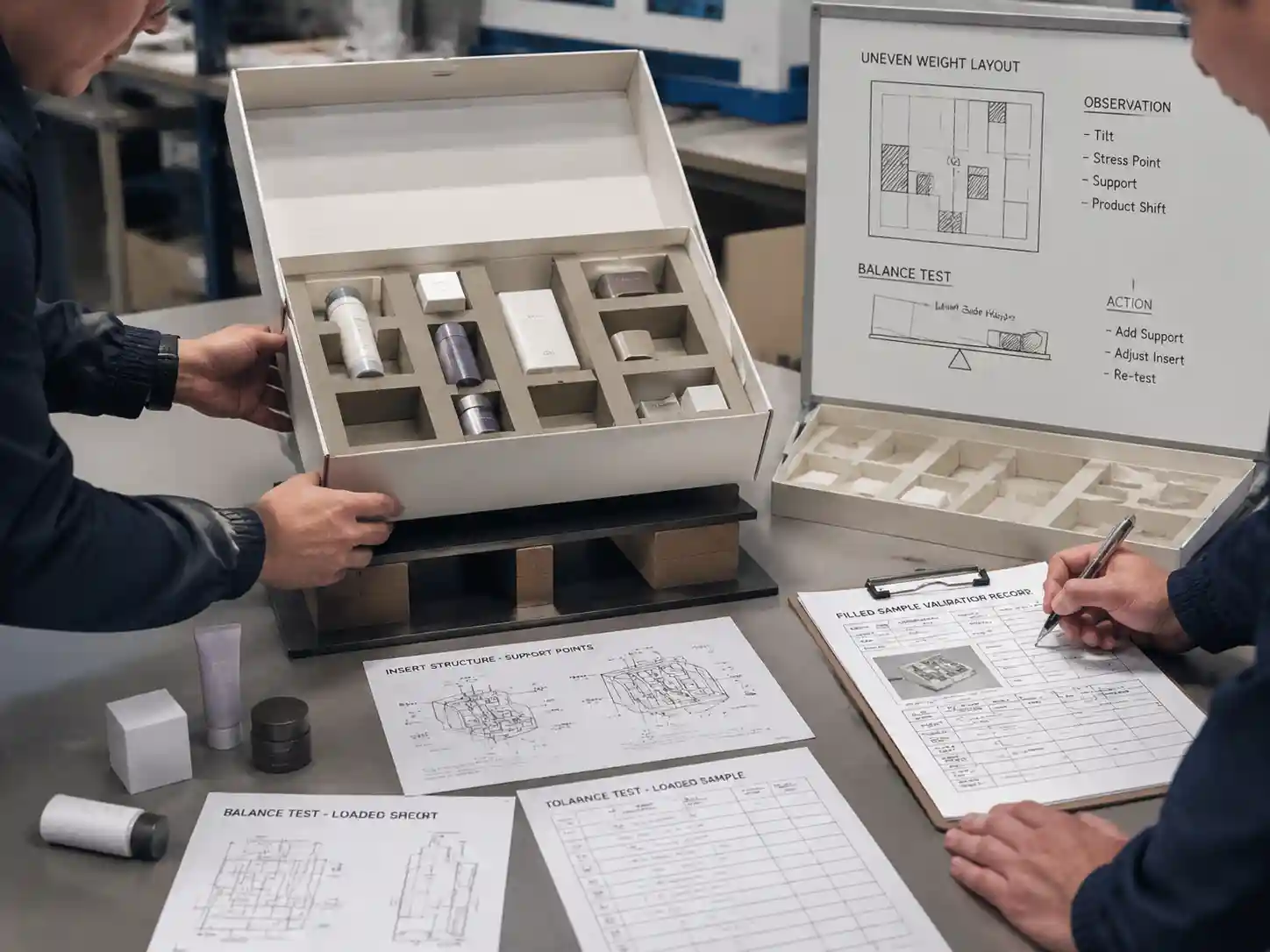Engineers testing loaded advent calendar prototypes to validate weight balance and insert support