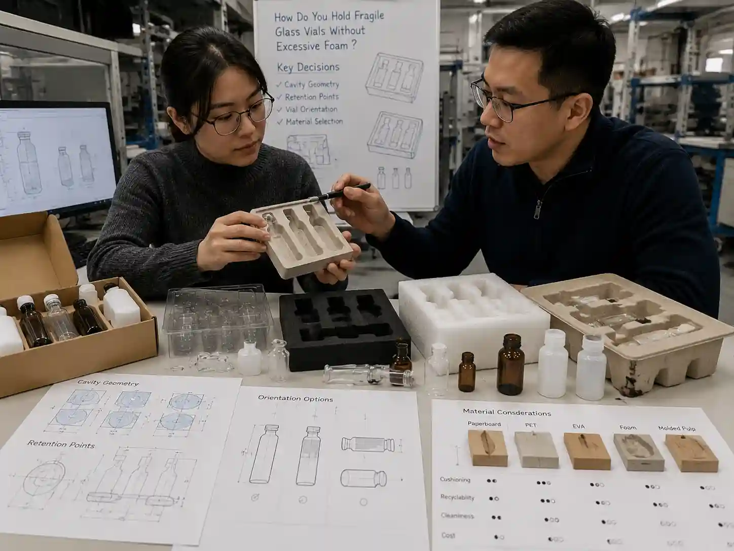 Packaging engineers reviewing glass vial protective insert cavity designs and retention solutions