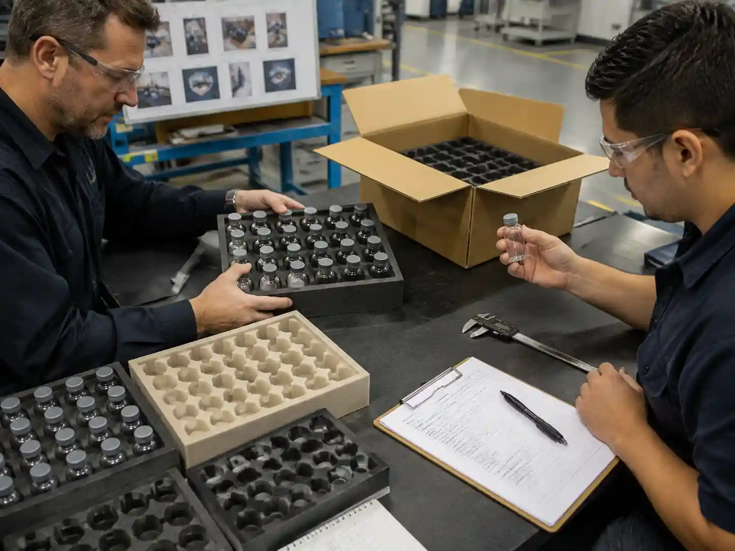 Technicians validating glass vial insert prototypes with fit and retention checks