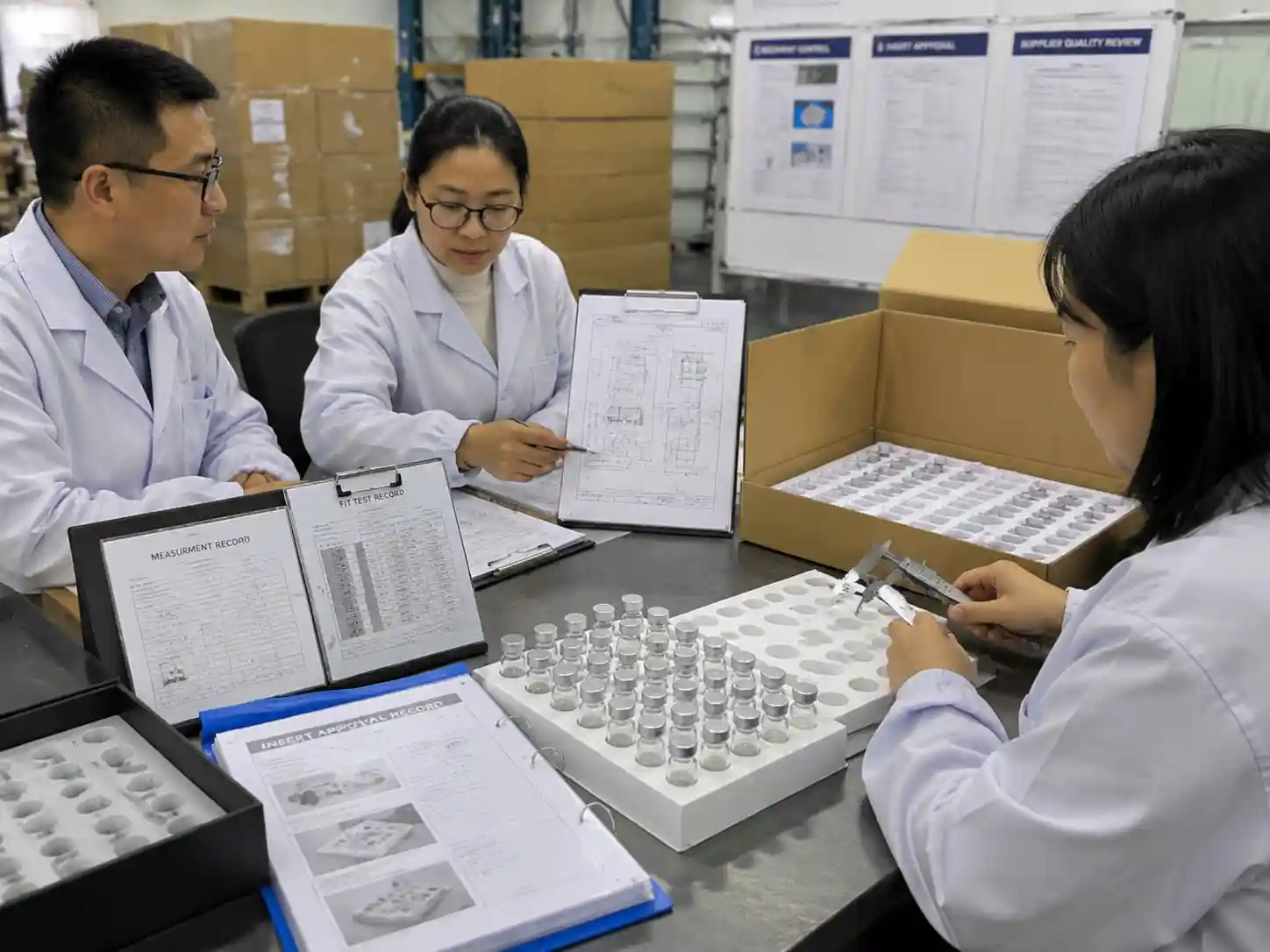 QC staff verifying glass vial protective insert measurements and packaging records
