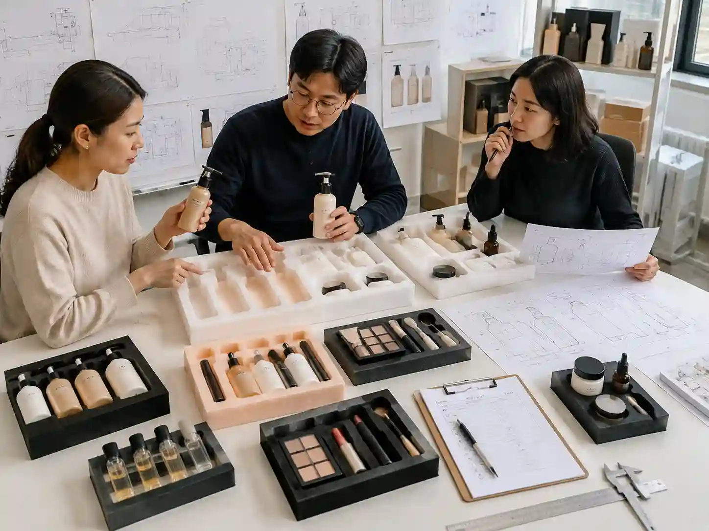 Packaging specialists reviewing pump bottle insert protection and dispenser clearance for beauty packaging.