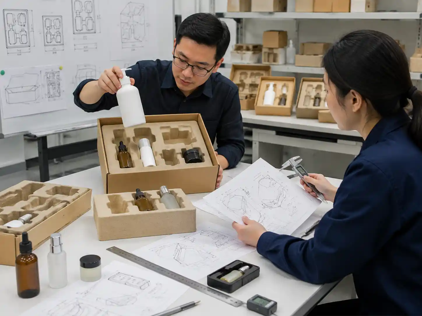 Packaging engineers testing insert fit and pump protection using beauty product packaging samples.