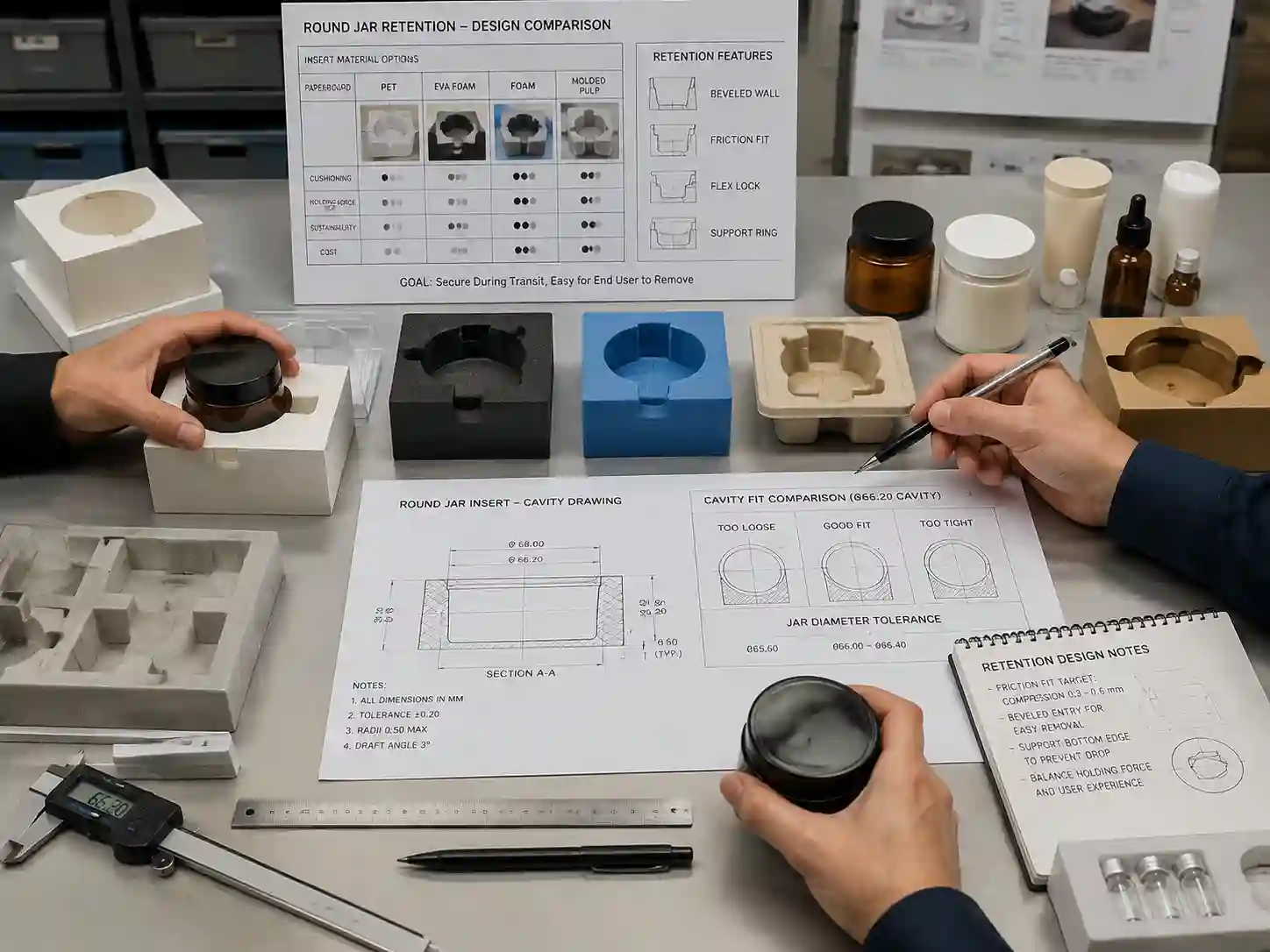 Packaging engineers reviewing round jar insert cavity designs and retention solutions for custom packaging