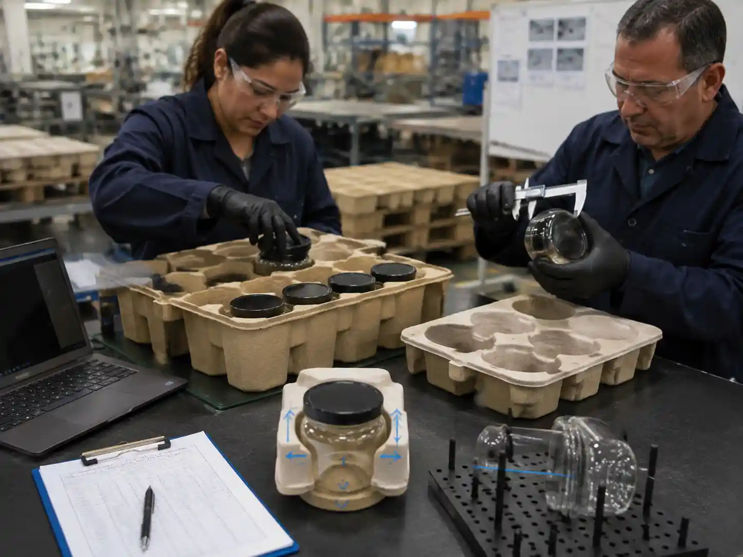 Technicians testing round jar insert prototypes for retention and removal performance