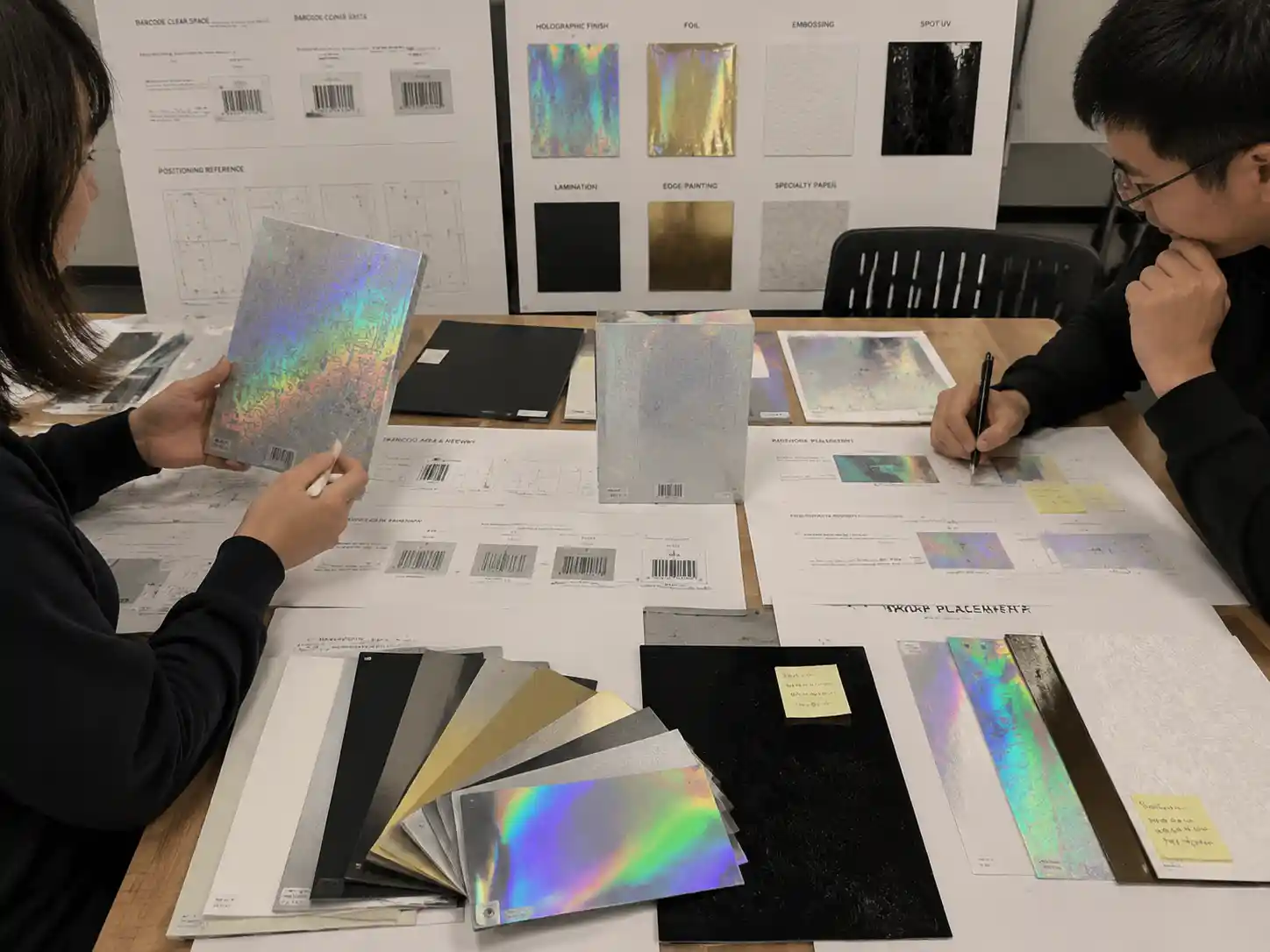 Packaging designers reviewing holographic finish samples and barcode artwork placement decisions for premium advent calendar packaging.