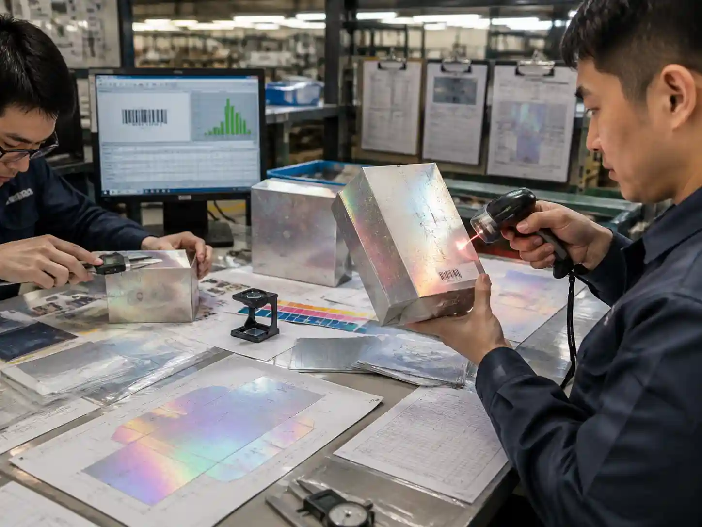 Packaging engineers testing holographic finish samples with barcode placement and artwork registration checks.