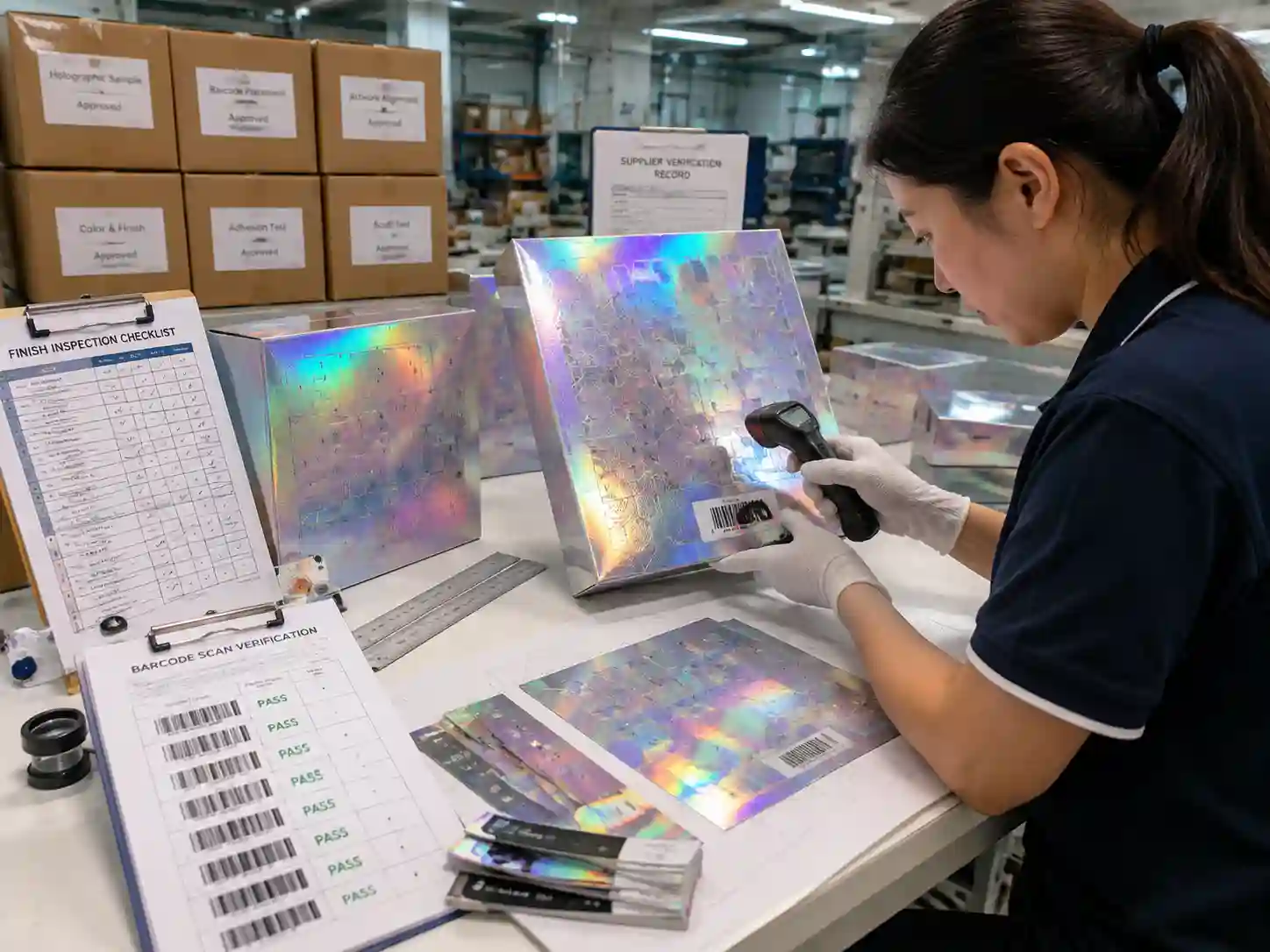 Quality control team verifying holographic packaging finish, barcode placement, and artwork inspection records.
