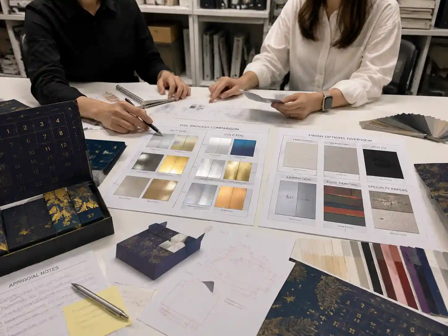 Packaging designers comparing hot foil and cold foil finish samples for premium advent calendar packaging