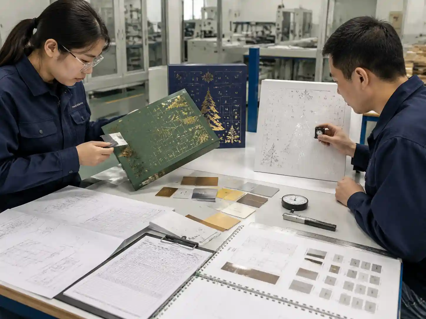 Packaging engineers testing foil finish samples and production compatibility for premium calendar boxes