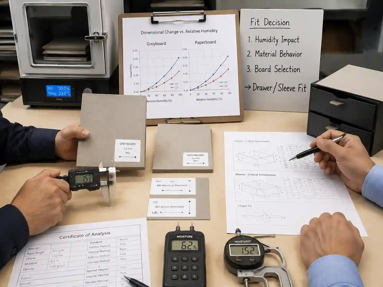 Packaging engineers reviewing greyboard materials and humidity effects on drawer sleeve fit