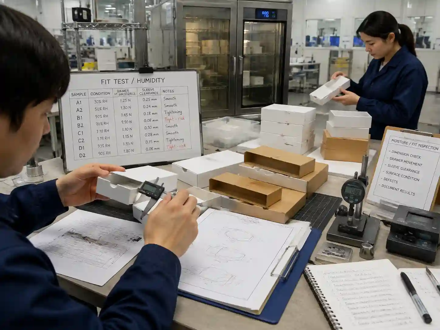 Engineering team testing drawer and sleeve packaging fit under humidity considerations