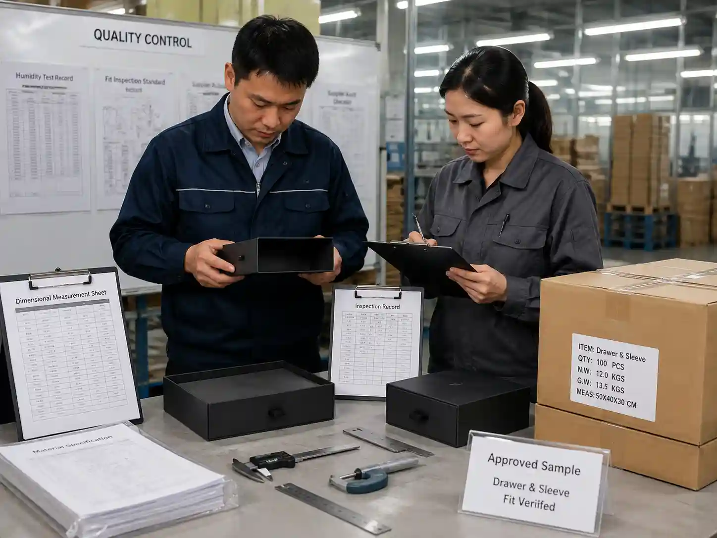QC inspection records verifying humidity-related drawer and sleeve packaging performance