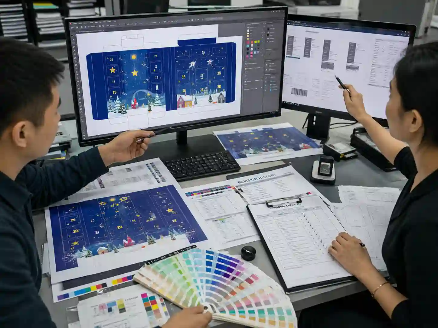 Packaging designers reviewing an artwork approval record with dielines, proofs, barcode checks, and finishing layers before production approval.