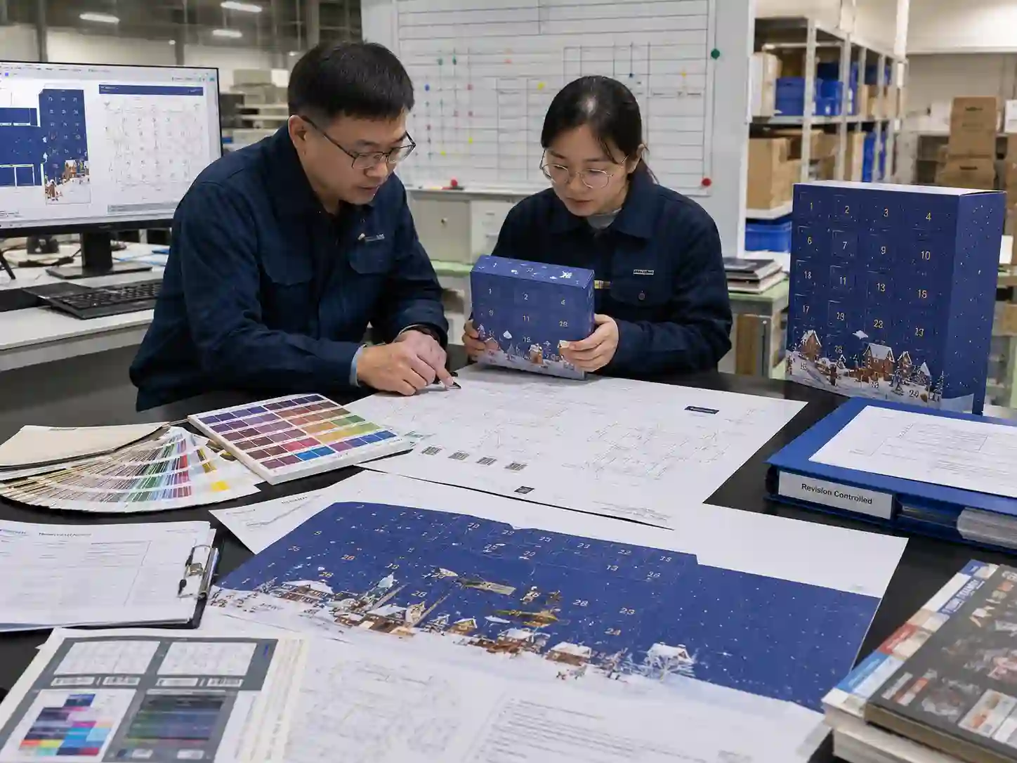 Packaging engineers validating approved artwork files against engineering drawings and production documents.