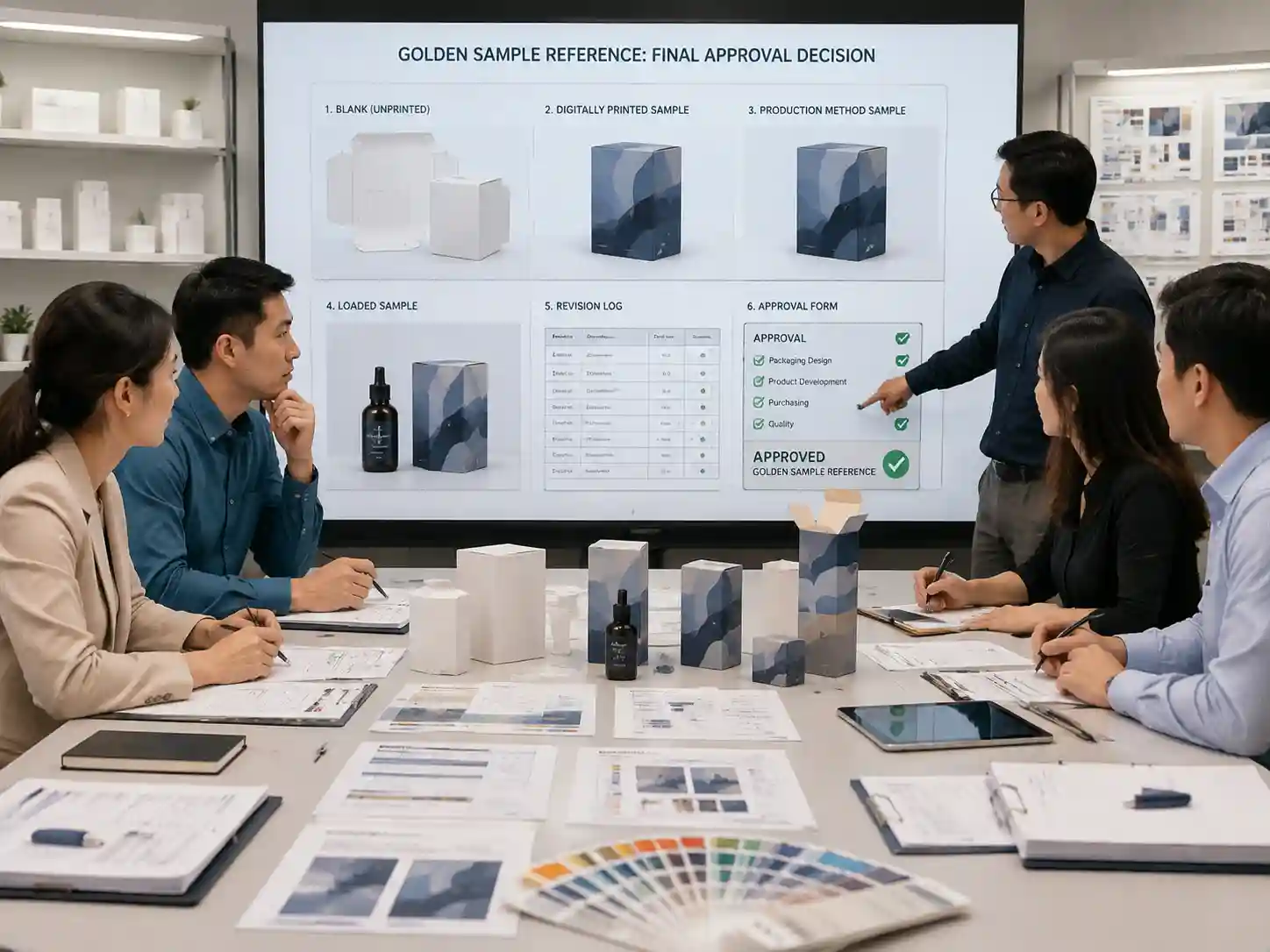 Packaging teams reviewing golden sample requirements with approved samples and revision records