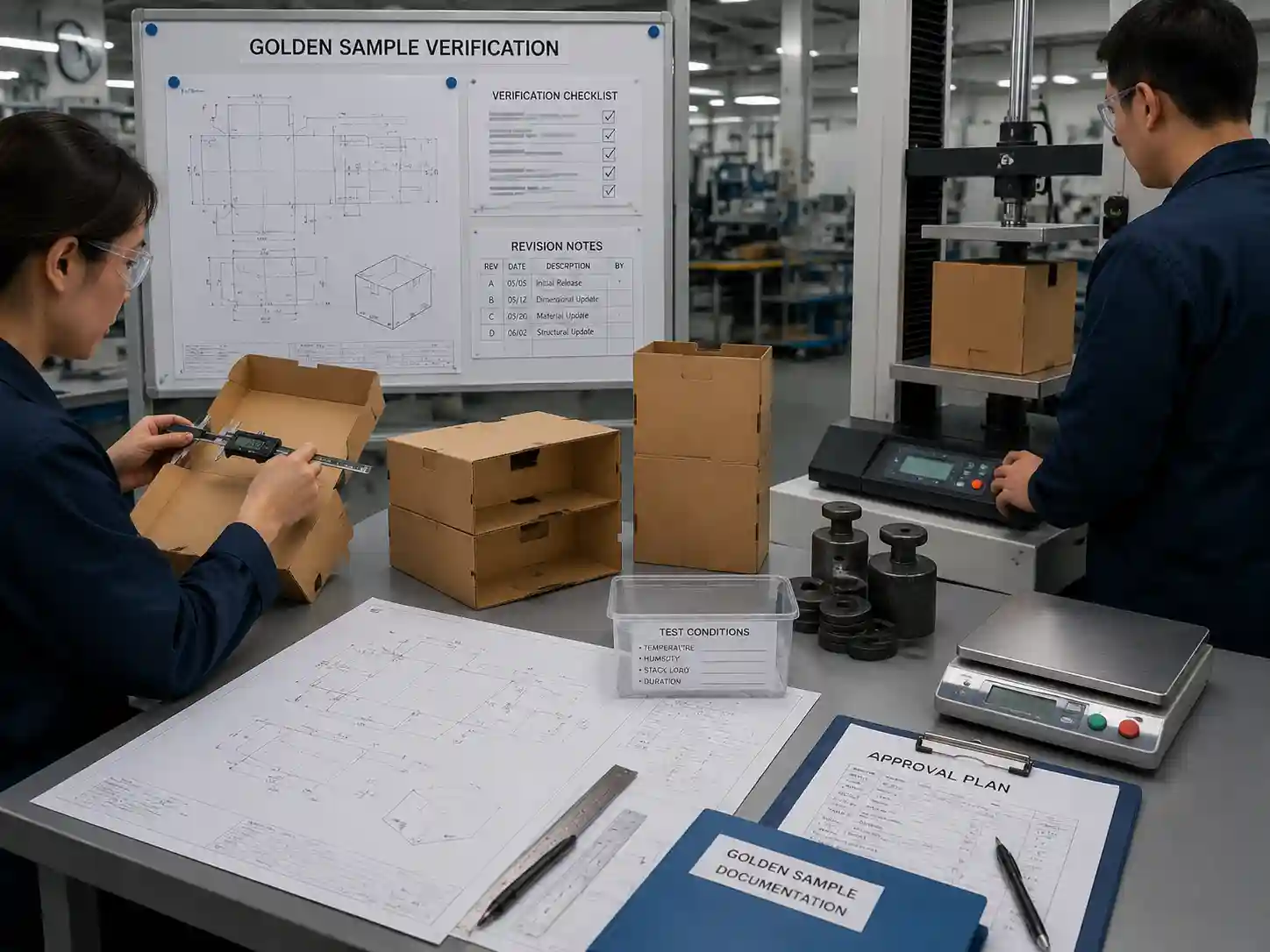 Packaging engineers checking golden sample structure measurements and product fit validation