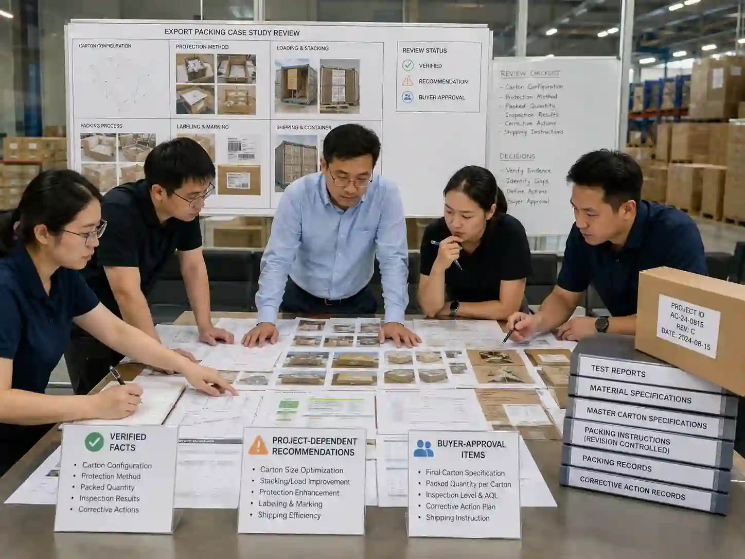 Buyers reviewing traceable export packing case study records for custom advent calendar packaging.