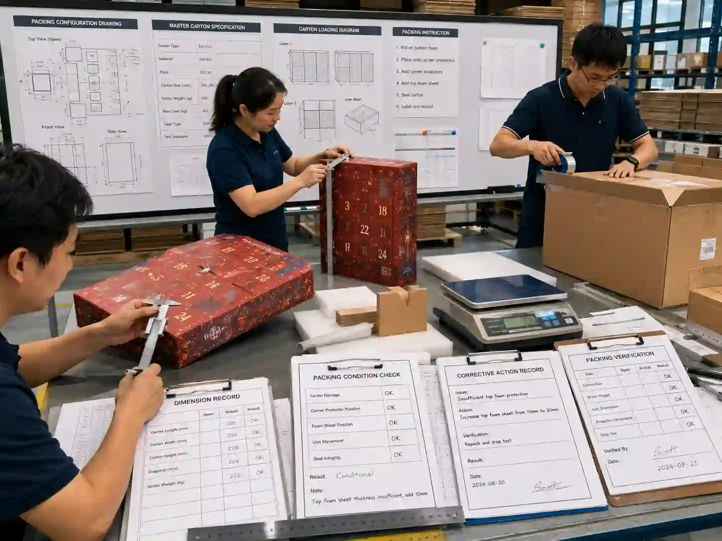 Packaging engineers documenting carton specifications and packing configuration for an advent calendar export case study.